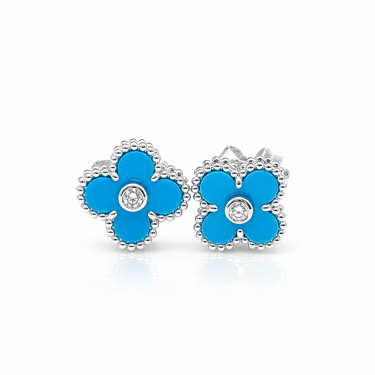 Turquoise Gemstones Round Clover Diamond Earrings 14K
