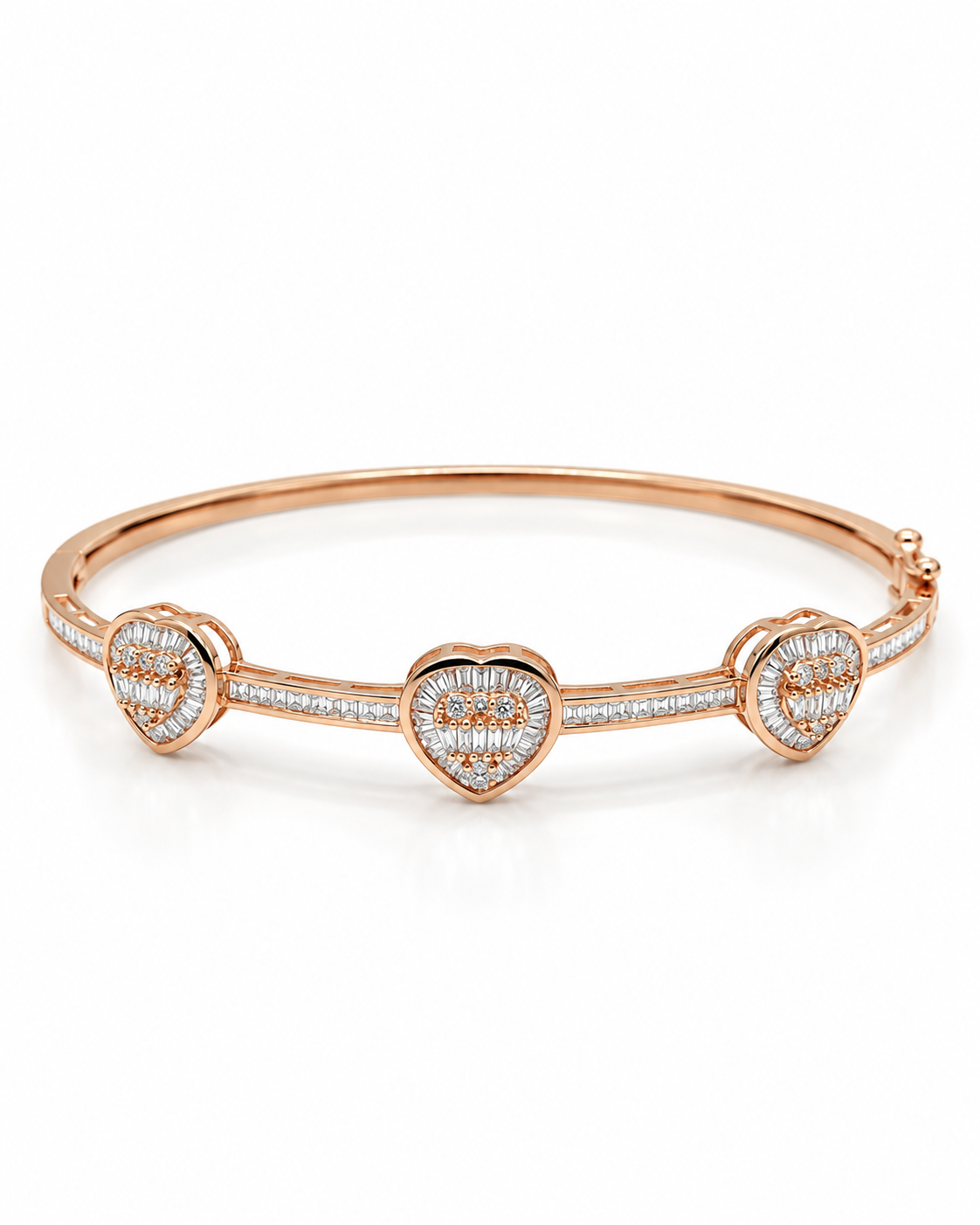 Classic Rose Gold Trio Heart Diamond Bracelet Bangle 14K