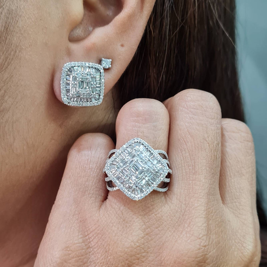 Classic Square Baguette Paved Stud Diamond Jewelry Set 14K