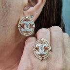Two Tone Oval Deco Statement Diamond Jewelry Set 14K