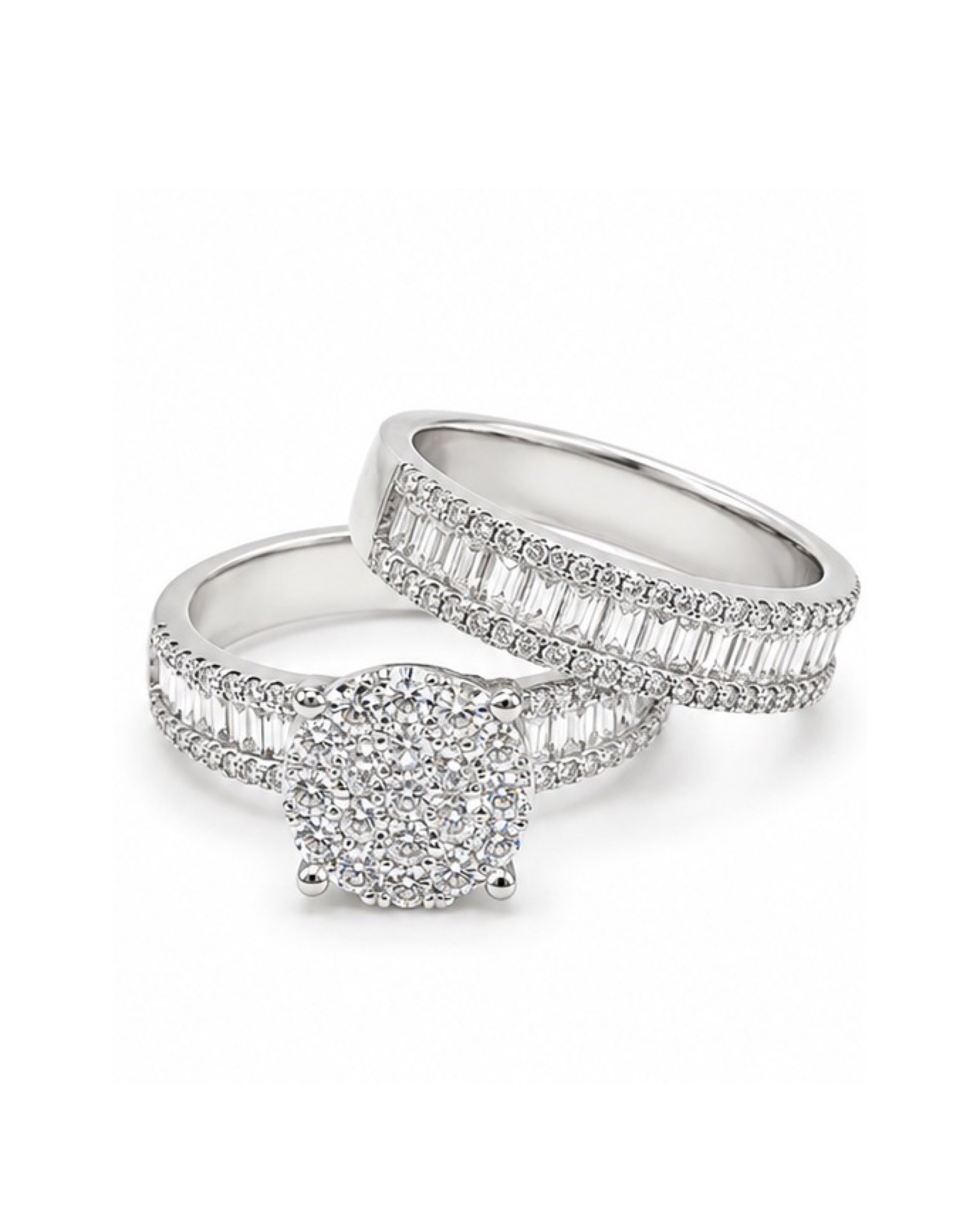Classic 2in1 Round Paved Baguette Half Eternity Diamond Ring 14K