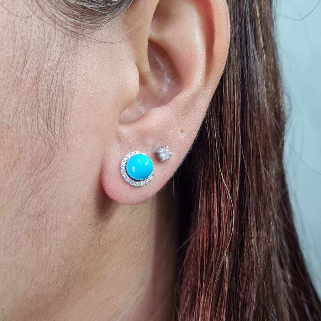 Turquoise Gemstones Round Halo Stud Diamond Earrings Platinum