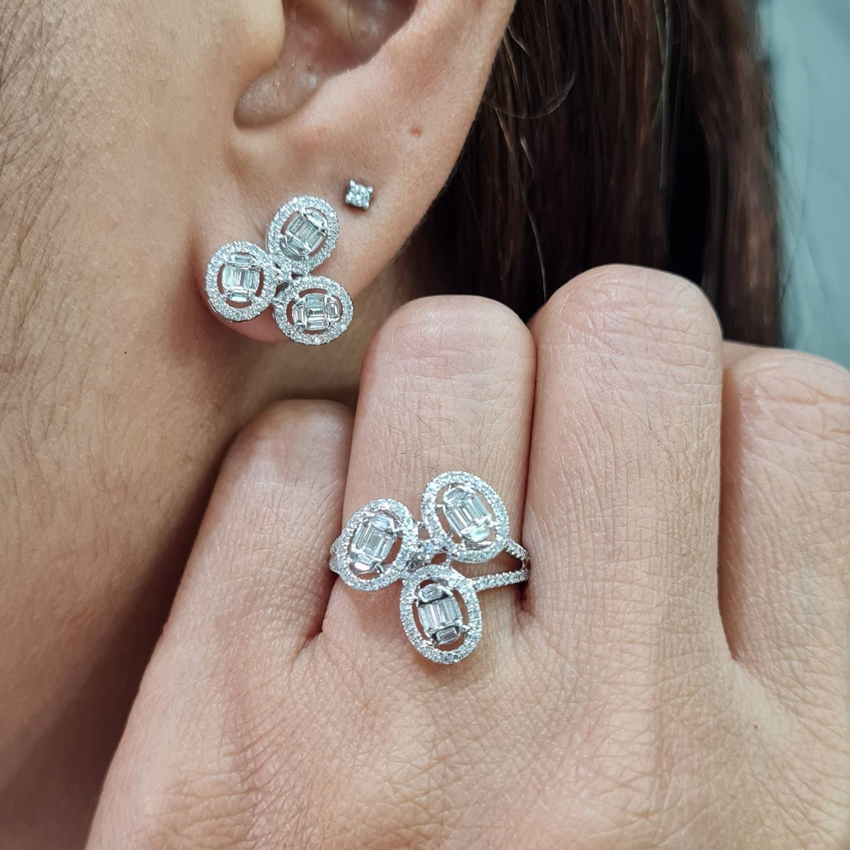 Classic Oval Baguette Trio Cluster Diamond Jewelry Set 14K