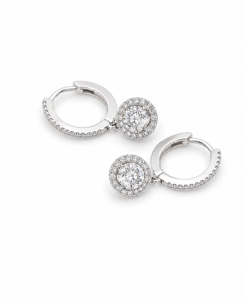 Classic Round Halo Dangling Hoop Diamond Earrings 14K