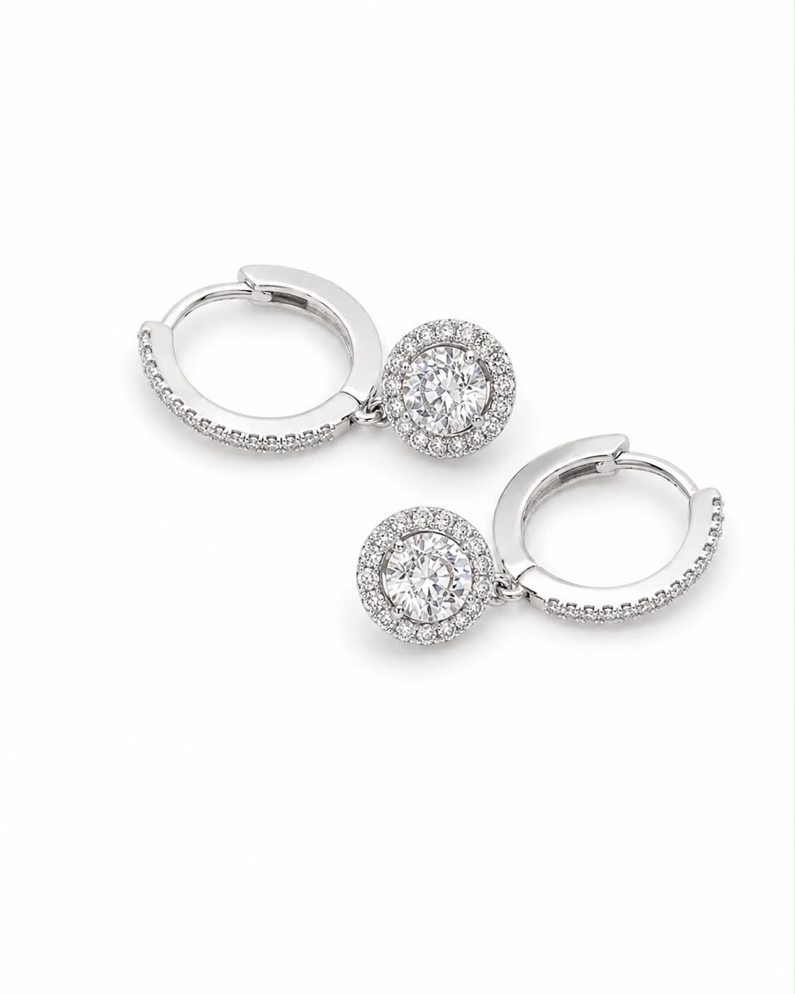 Classic Round Halo Dangling Hoop Diamond Earrings 14K