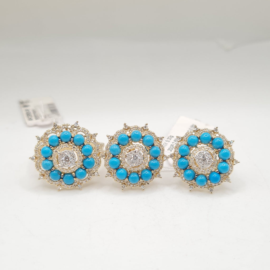 Golden Turquoise Gemstones Round Halo Diamond Jewelry Set 14K