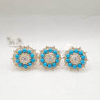 Golden Turquoise Gemstones Round Halo Diamond Jewelry Set 14K