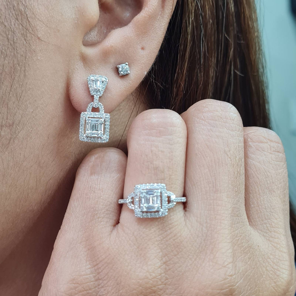 Classic Square Baguette Paved Dangle Diamond Jewelry Set 14K