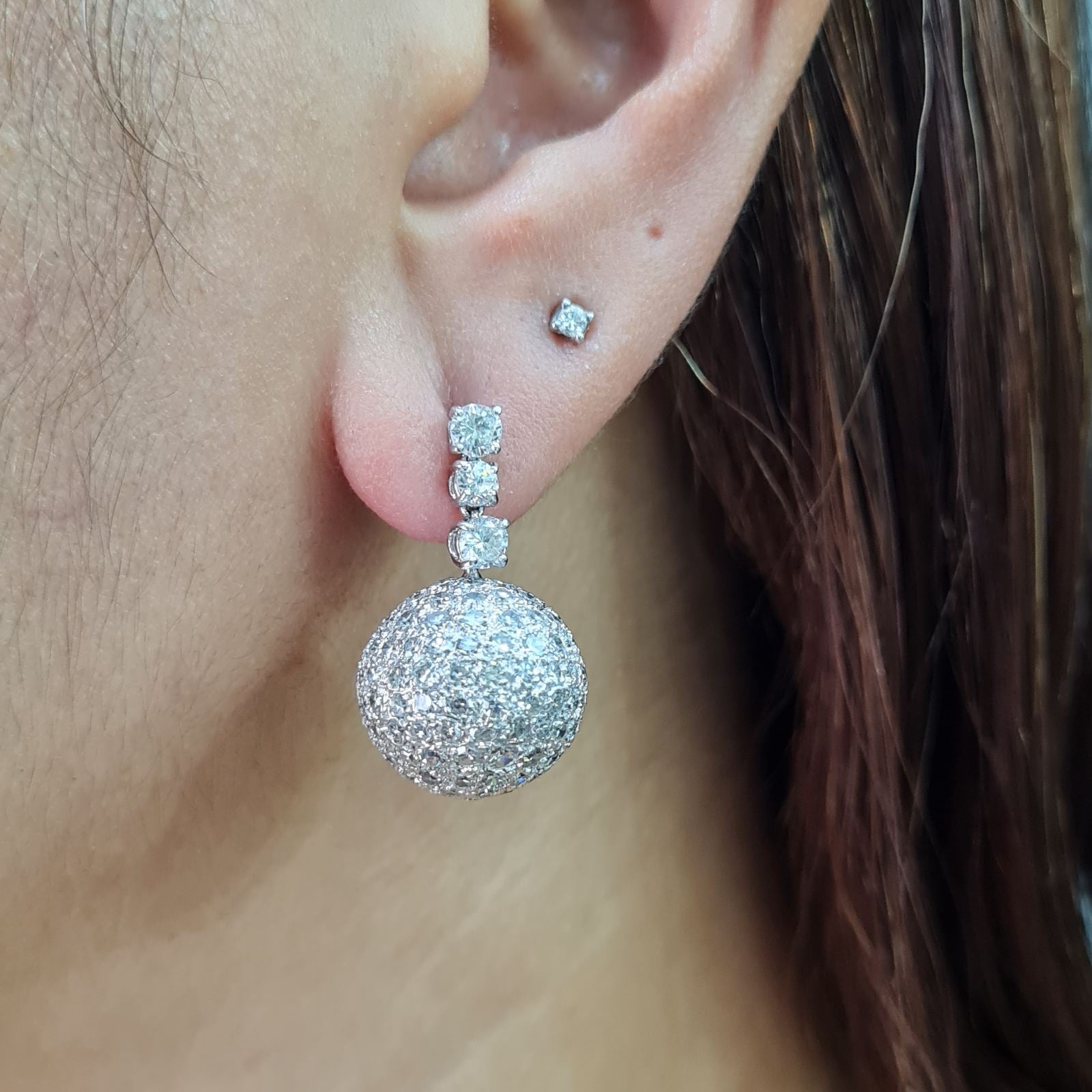 Classic Round Sphere Ball Dangle Diamond Earrings 18K