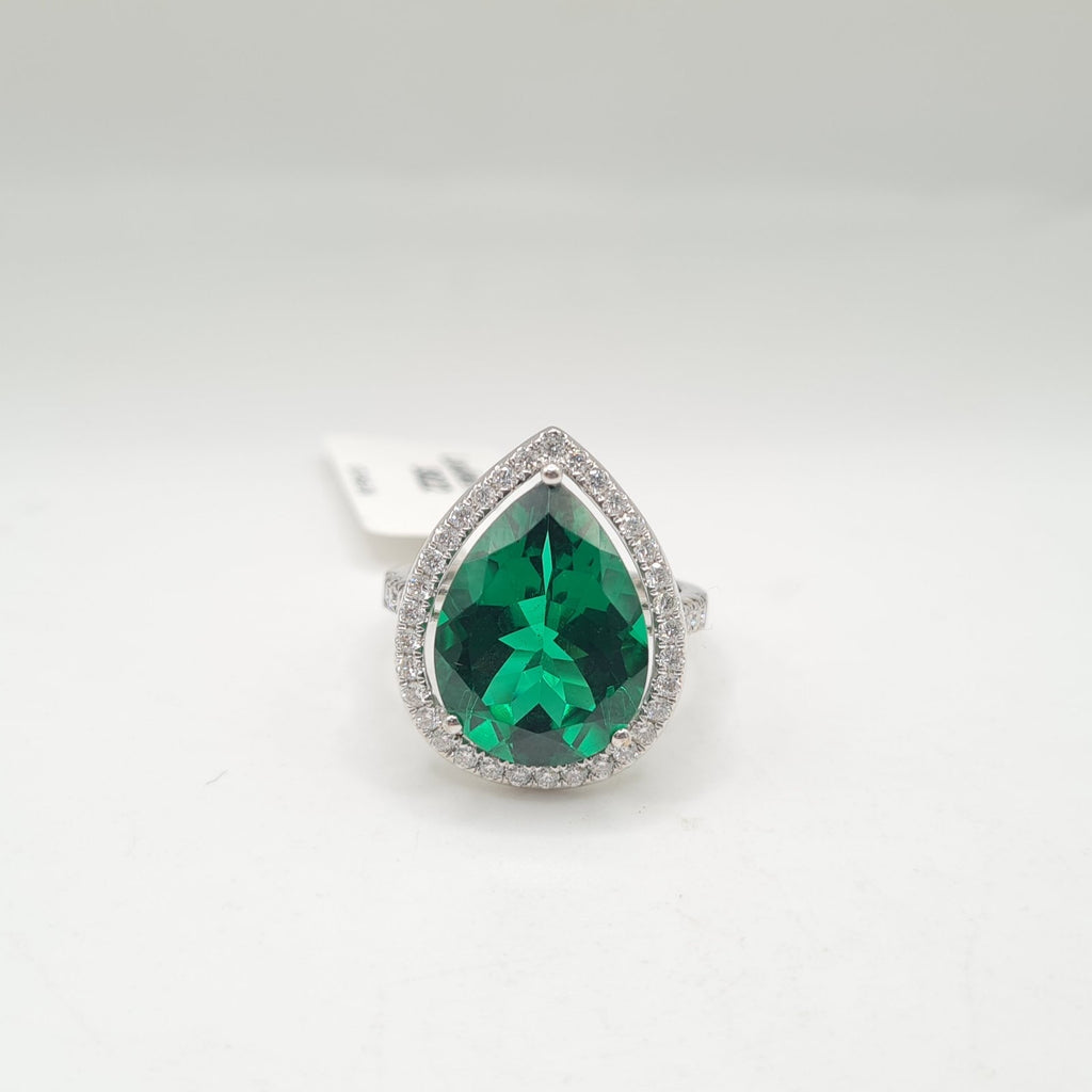 Green Emerald Gemstones Pear Halo Diamond Ring 14K