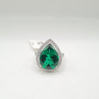 Green Emerald Gemstones Pear Halo Diamond Ring 14K