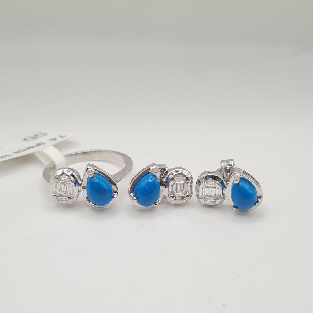 Pear Turquoise Gemstones Overlap Oval Baguette Diamond Jewelry Set 18K