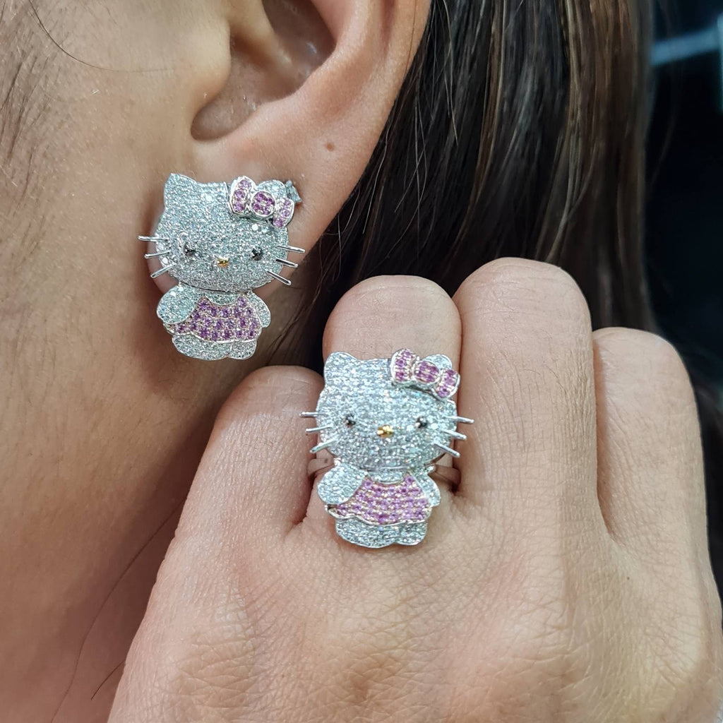 Pink Ruby Gemstones Hello Kitty Statement Diamond Jewelry Set 14K