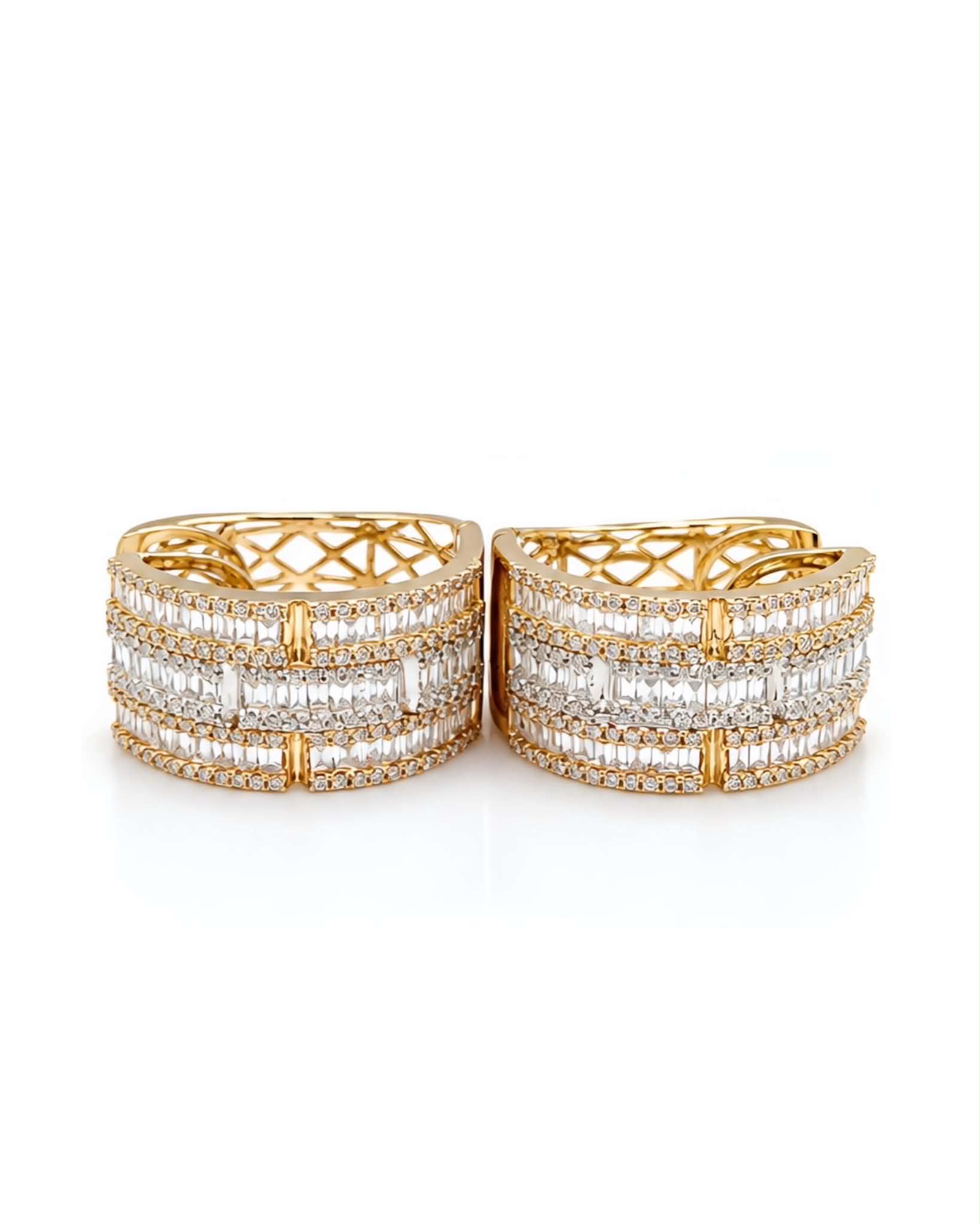 Classic Three Tone Baguette Half Eternity Huggie Hoop Diamond Earrings 18K