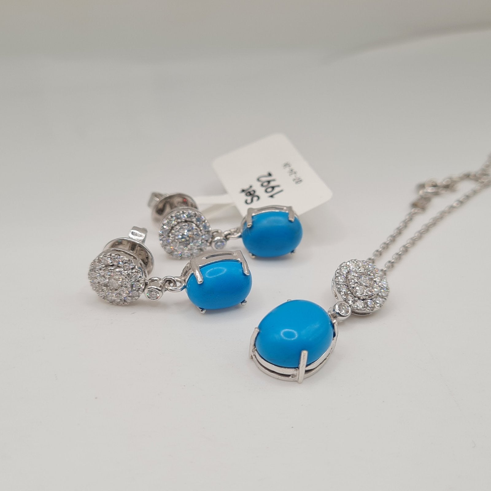 Turquoise Gemstones Dangle Round Diamond Jewelry Set 14K