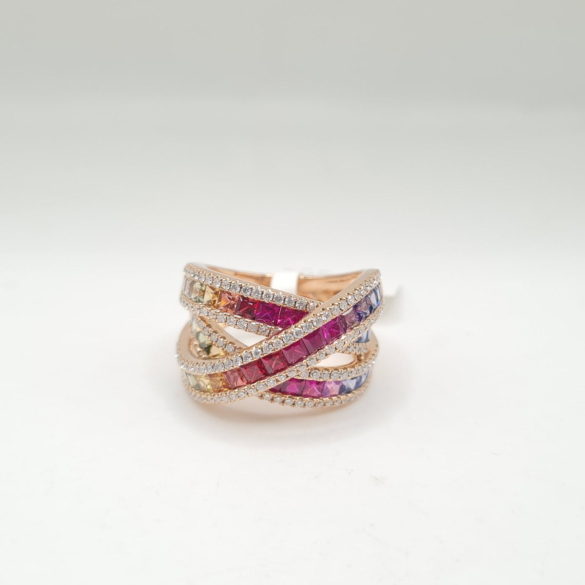 Rosegold Crossover Rainbow Sapphire Diamond Ring 18K