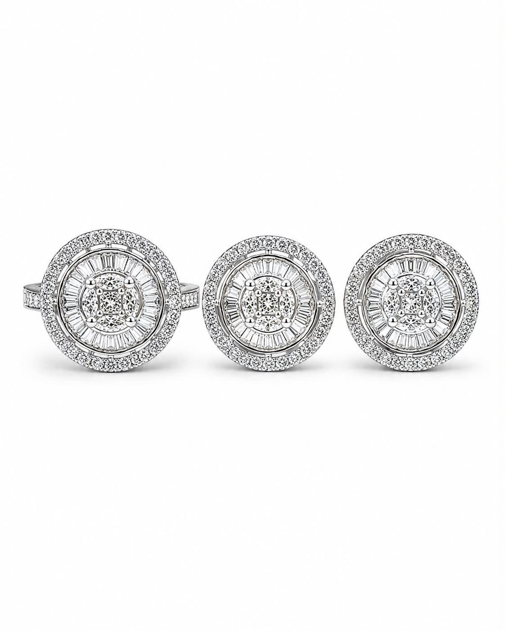 Classic Round Halo Baguette Stud Diamond Jewelry Set 14K