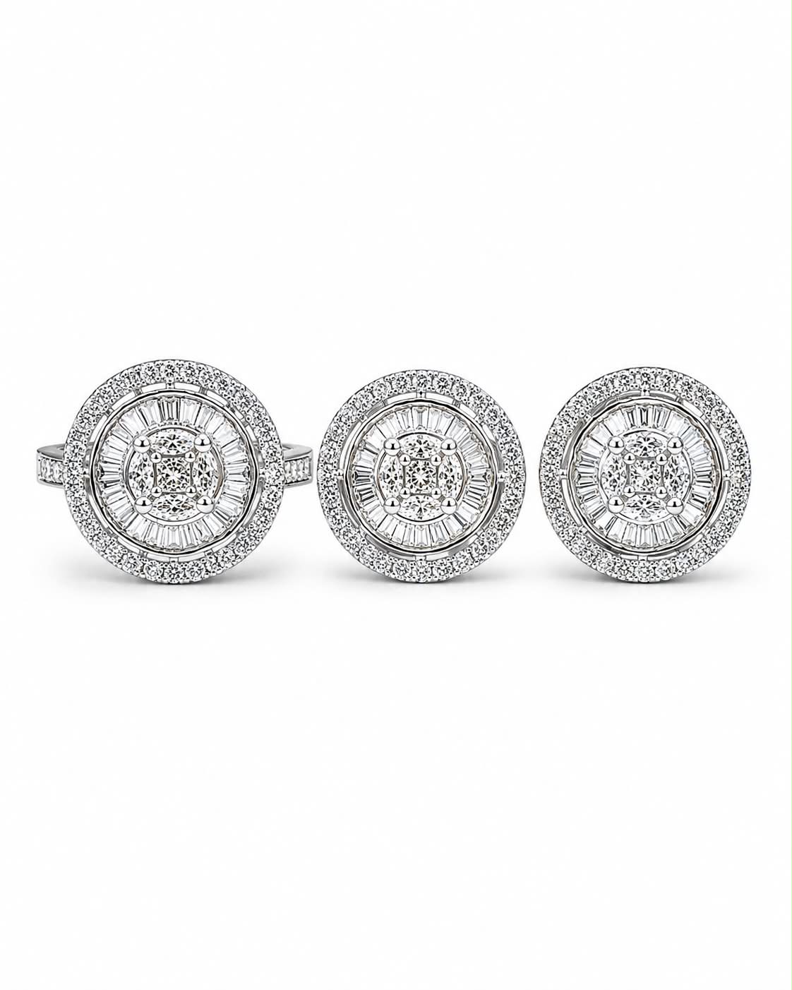 Classic Round Halo Baguette Stud Diamond Jewelry Set 14K