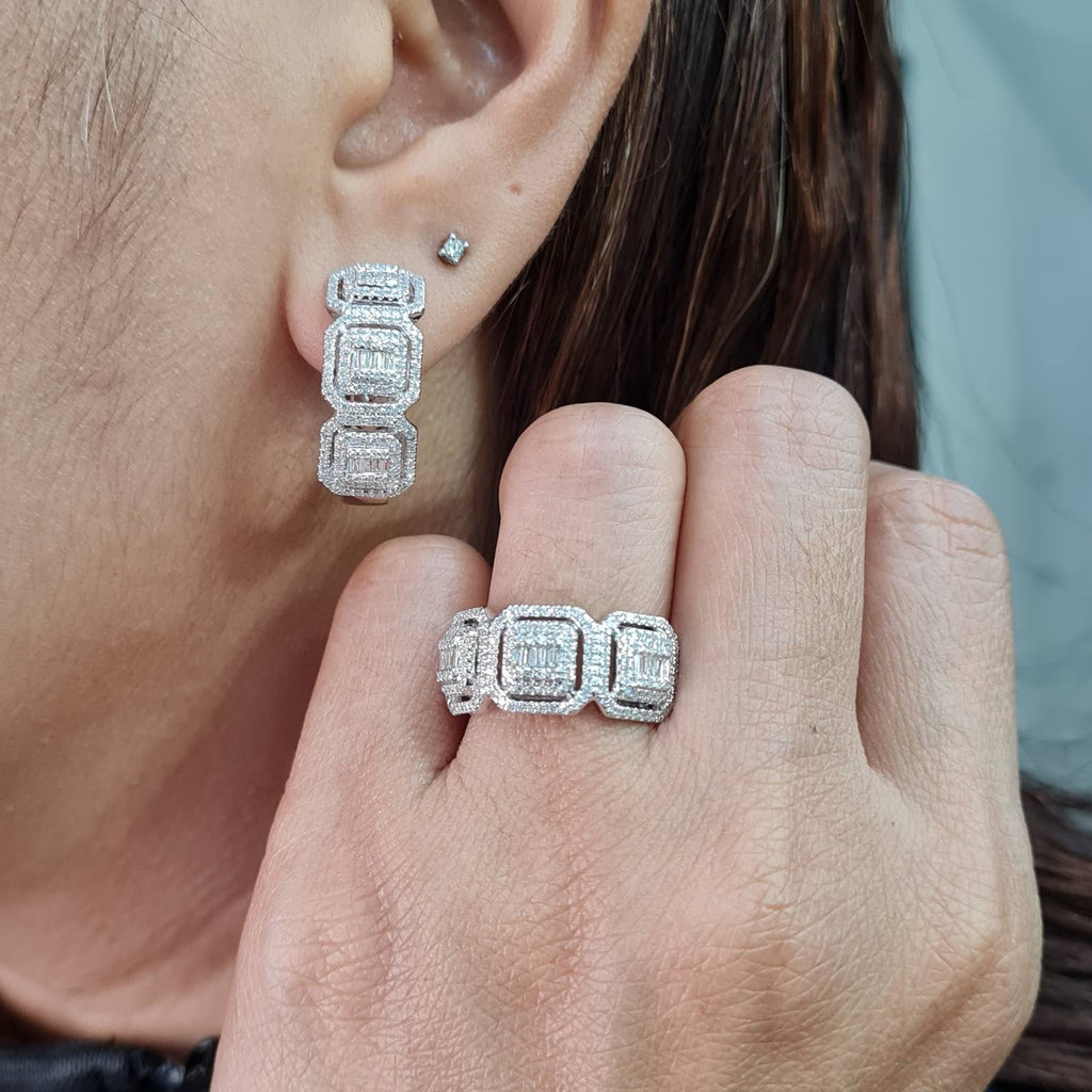 Classic Hoop Cushion Halo Baguette Diamond Jewelry Set 14K