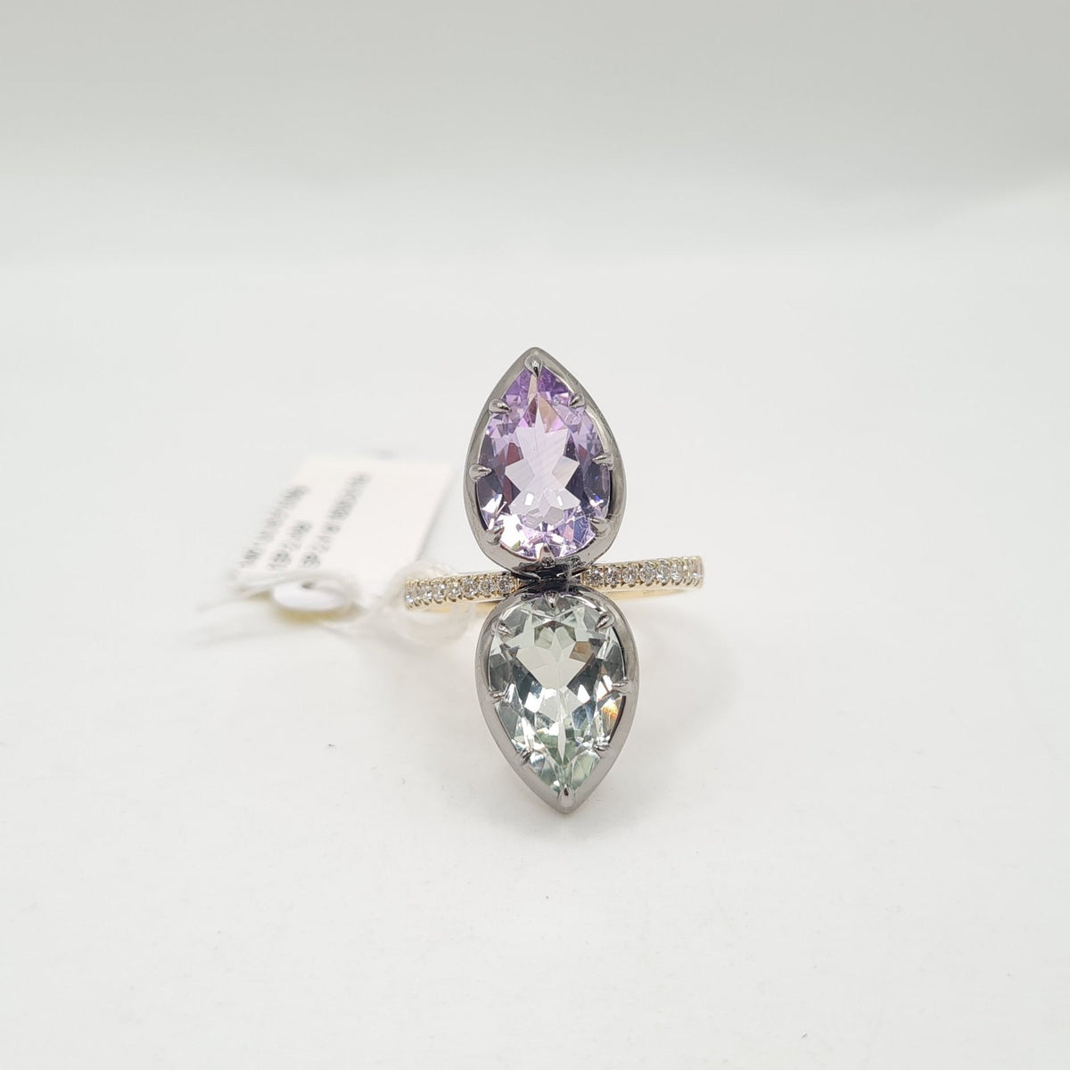X Amethyst & Green Quartz Gemstones Toi et Moi Diamond Ring 14K