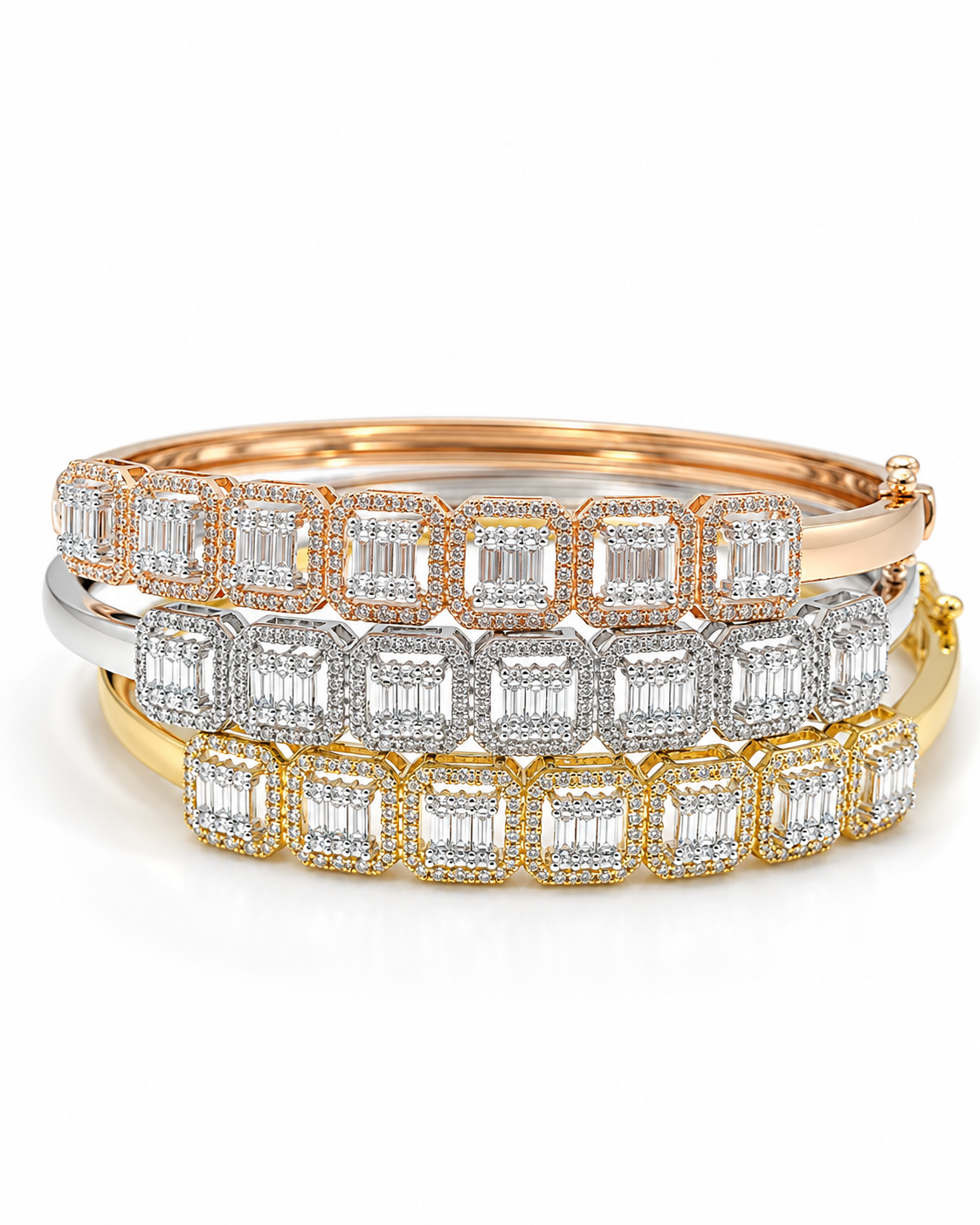 Classic Cushion Halo Baguette Diamond Pave Bangle Bracelet 14K