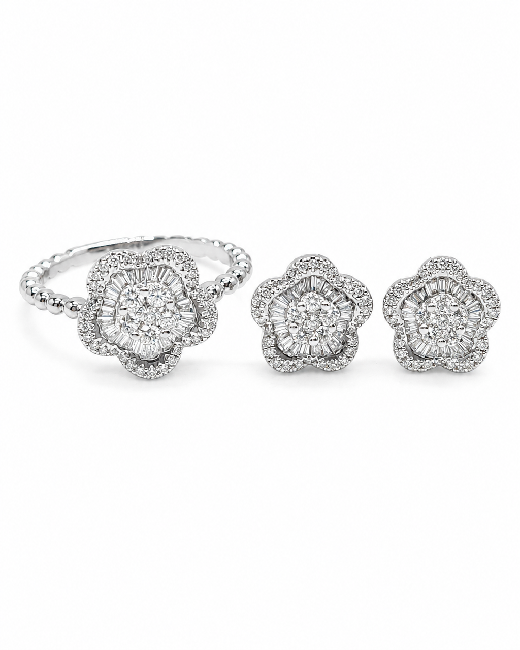 Classic Floral Round Beaded Diamond Jewelry Set 14K
