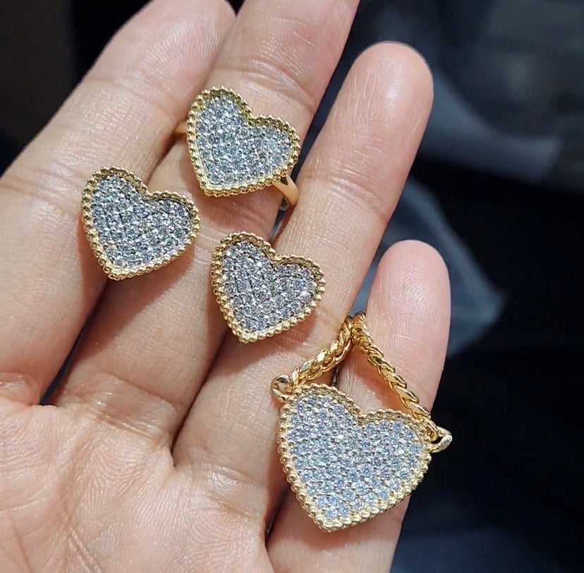 Classic Heart Beaded Paved Diamond Jewelry Set 14K