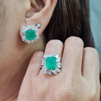 Columbian Green Emerald Cushion Stud Cluster Shape Diamond Jewelry Set 18K