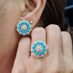 Golden Turquoise Gemstones Round Halo Diamond Jewelry Set 14K