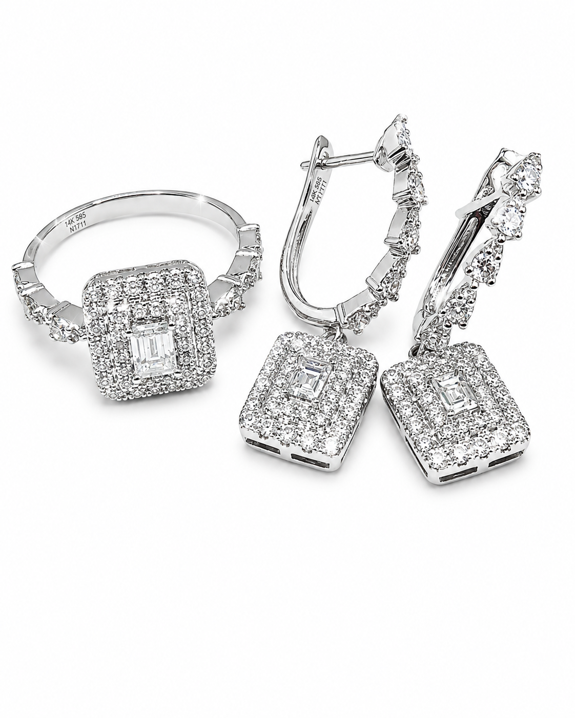Classic Emerald Halo Paved Dangling Hoop Diamond Jewelry Set 14K