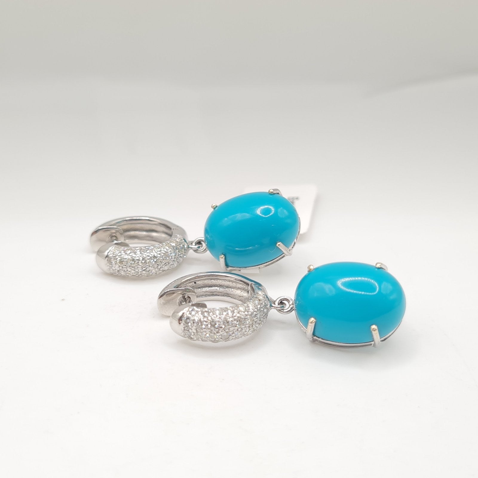 Turquoise Gemstone Dangle Hoop Diamond Earrings 14K