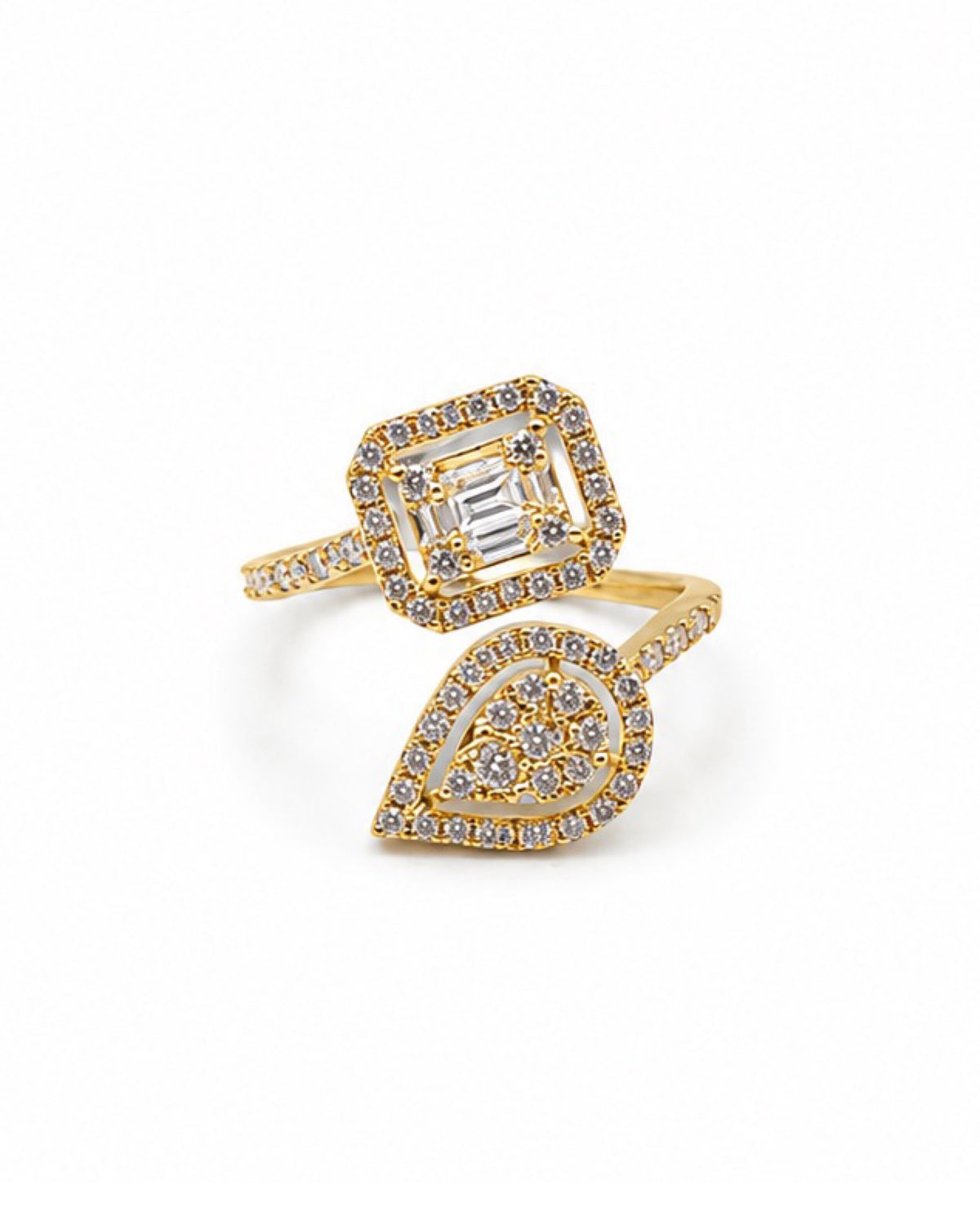Classic Golden Emerald Pear Overlap Diamond Ring 18K