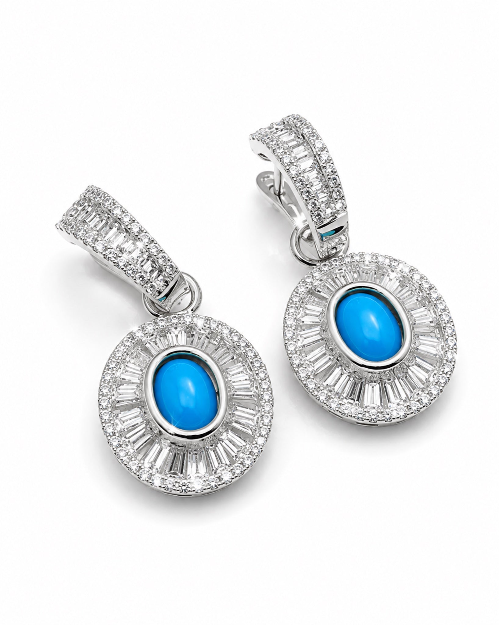 Turquoise Gemstone Oval Baguette Dangle Hoop Diamond Earrings 14K
