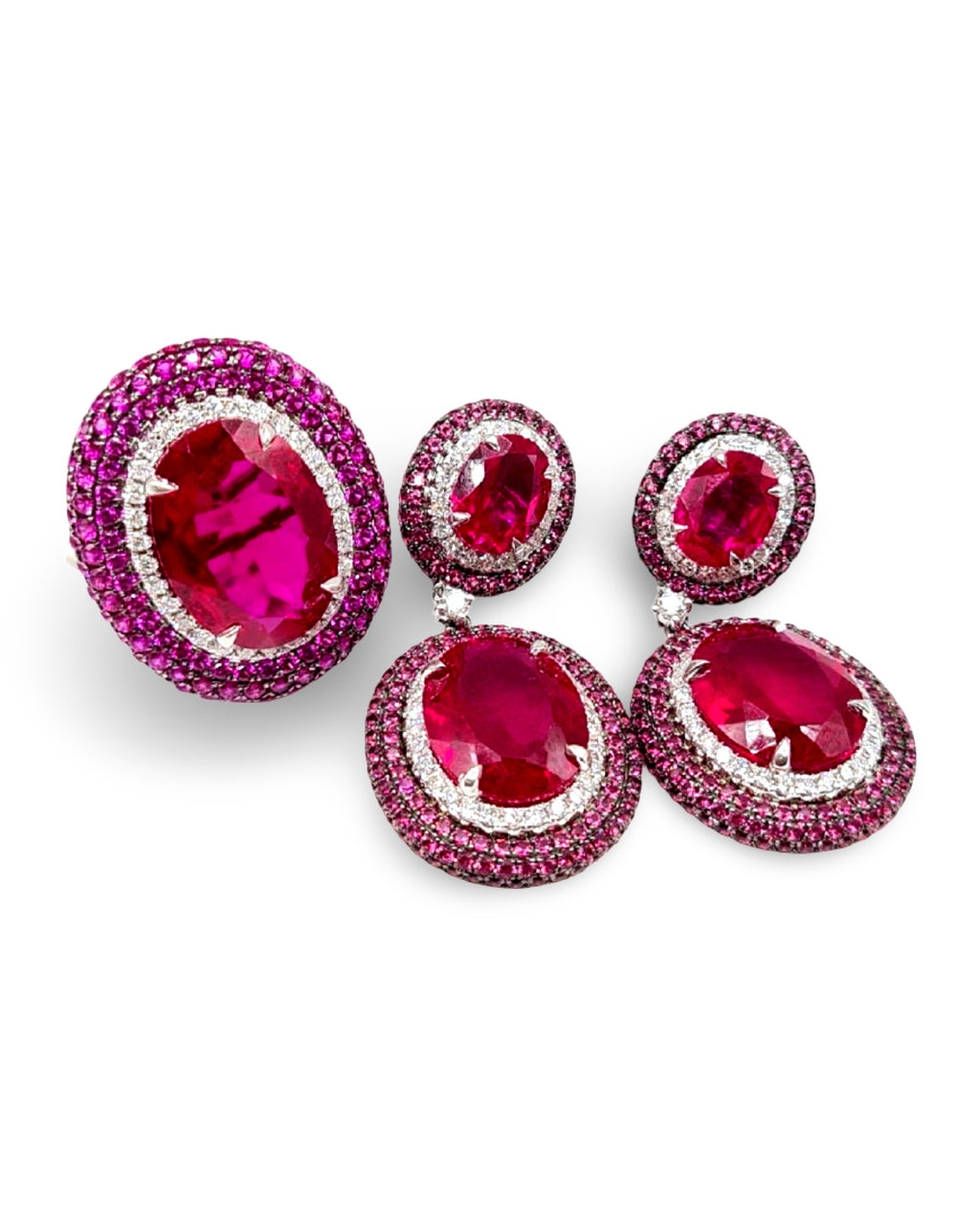 Pink Ruby Gemstones Twin Oval Dangling Statement Diamond Jewelry Set 14K