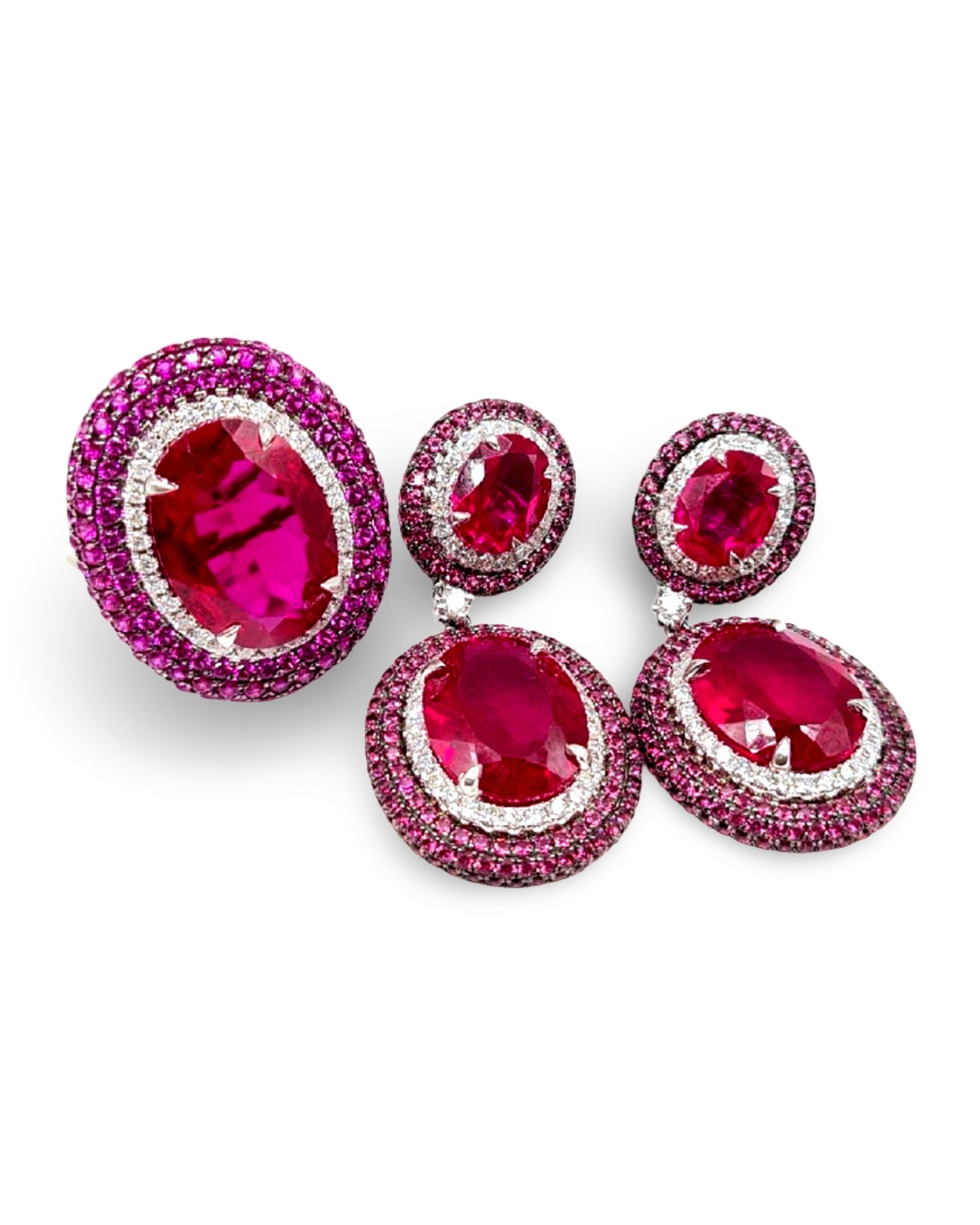 Pink Ruby Gemstones Twin Oval Dangling Statement Diamond Jewelry Set 14K
