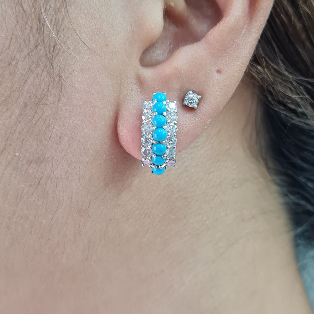 Turquoise Gemstones Hoop Diamond Earrings 18K
