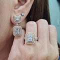 Golden Emerald Twin Double Halo Paved Dangling Diamond Jewelry Set 14K