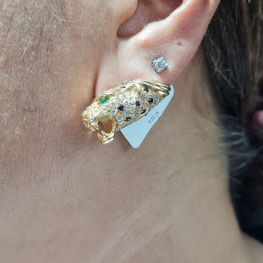Panther Head Golden Hoop Paved Diamond Earrings 18K