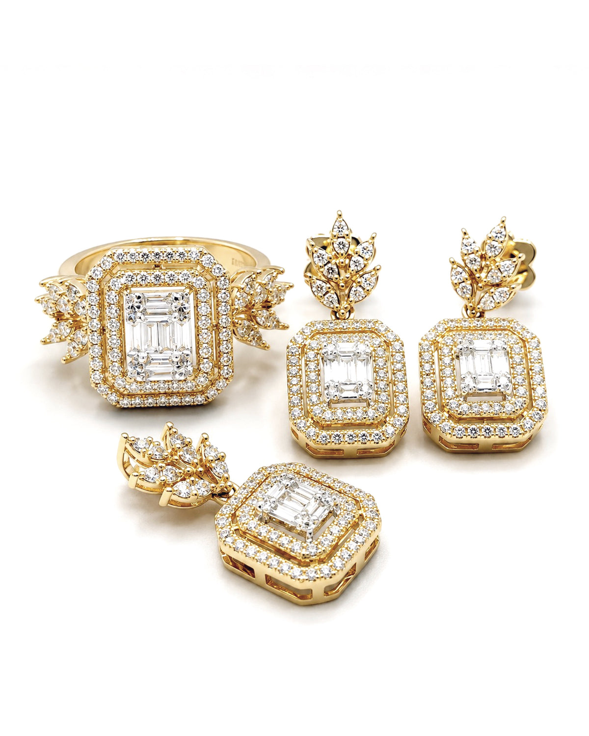 Classic Emerald Double Halo Dangling Jewelry Set 14K