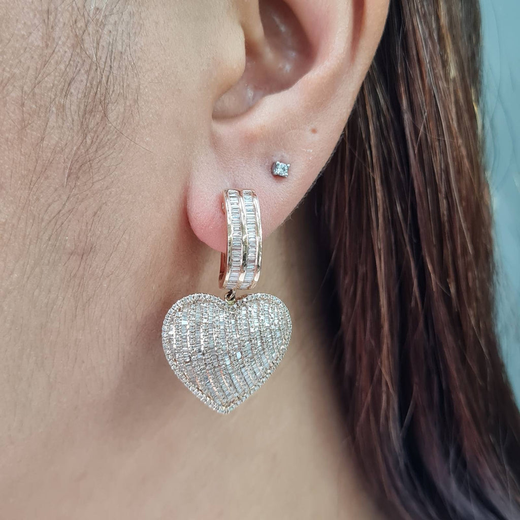Classic Heart Paved Dangling Statement Diamond Earrings 14K