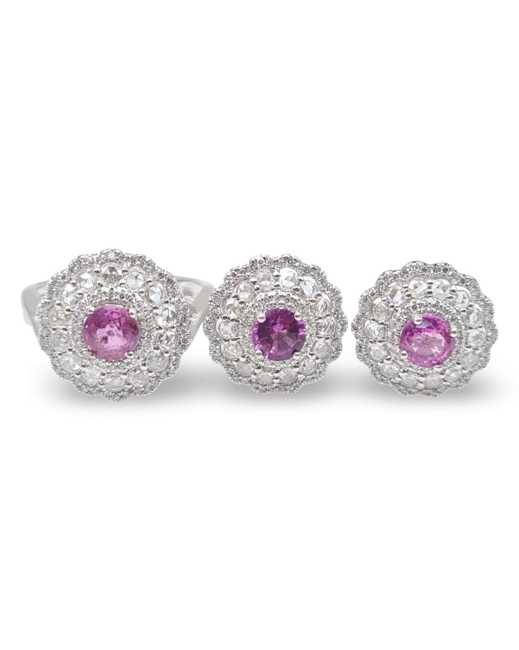 Floral Pink Sapphire Gemstones Diamond Jewelry Set 14K