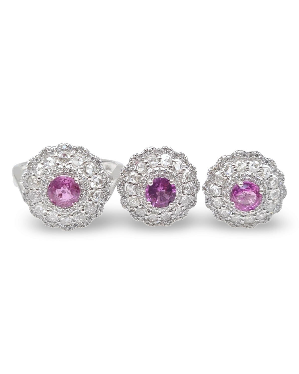 Floral Pink Sapphire Gemstones Diamond Jewelry Set 14K