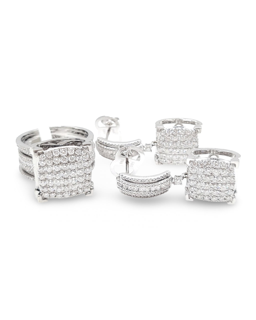 Classic Square Round Dangling Paved Shank Diamond Jewelry Set 14K