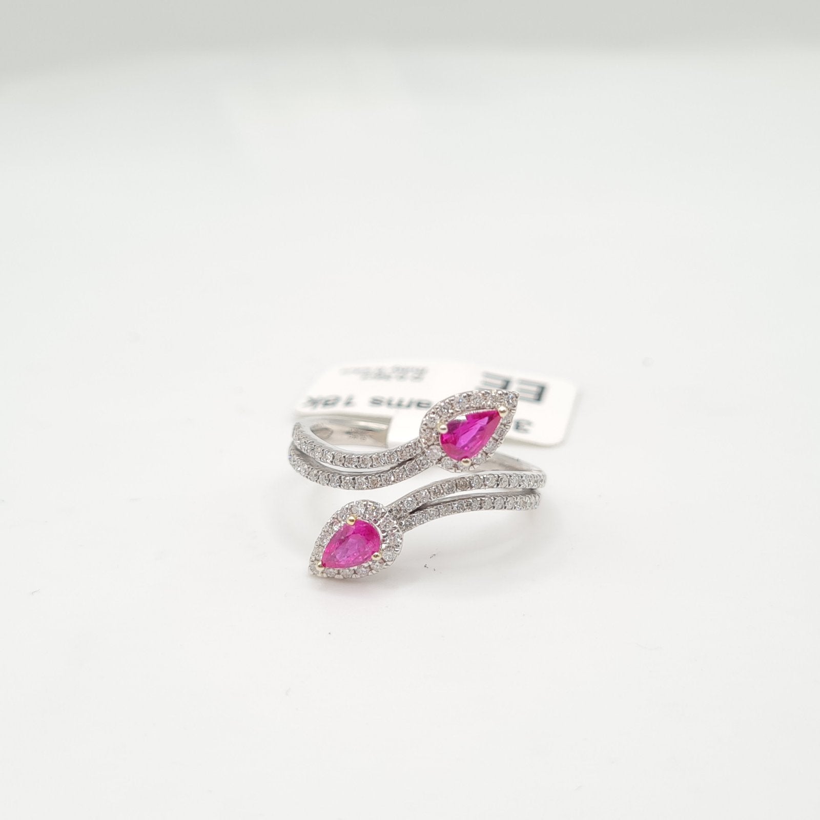 Pink Ruby Gemstones Pear Overlap Diamond Ring 18K