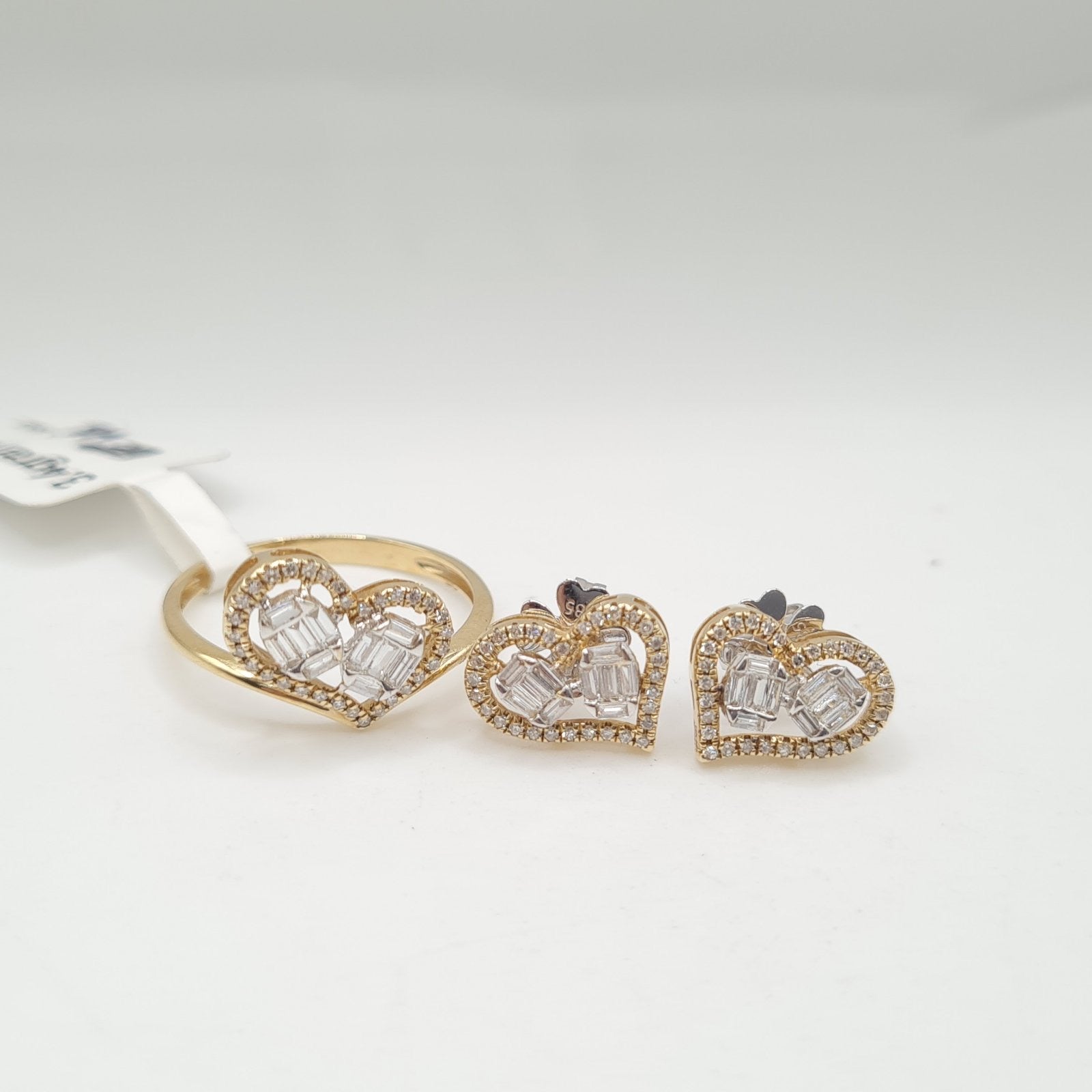 Golden Heart Halo Oval Baguette Diamond Jewelry Set 14K