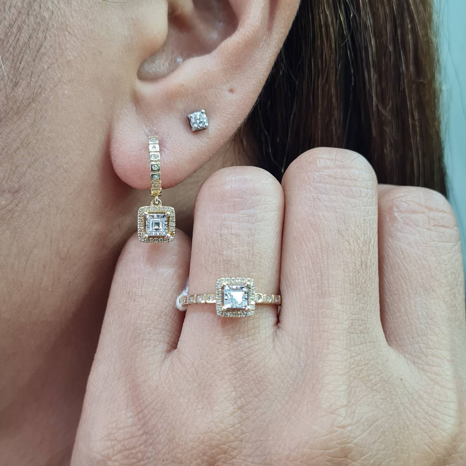 Classic Cushion Halo Dangle Paved Golden Diamond Jewelry Set 14K
