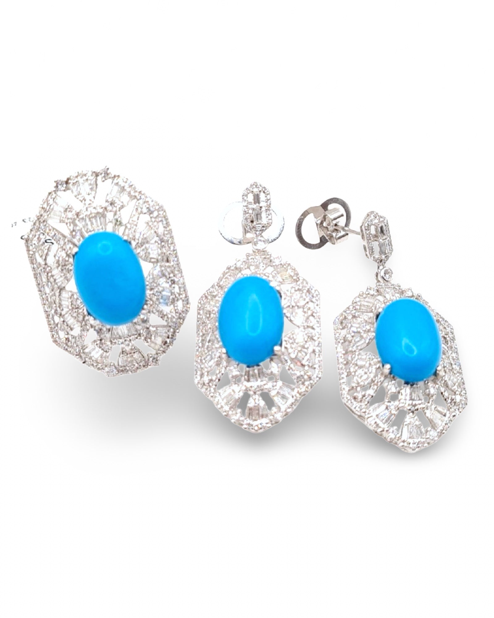 Turquoise Gemstones Octagon Dangling Diamond Jewelry Set 14K