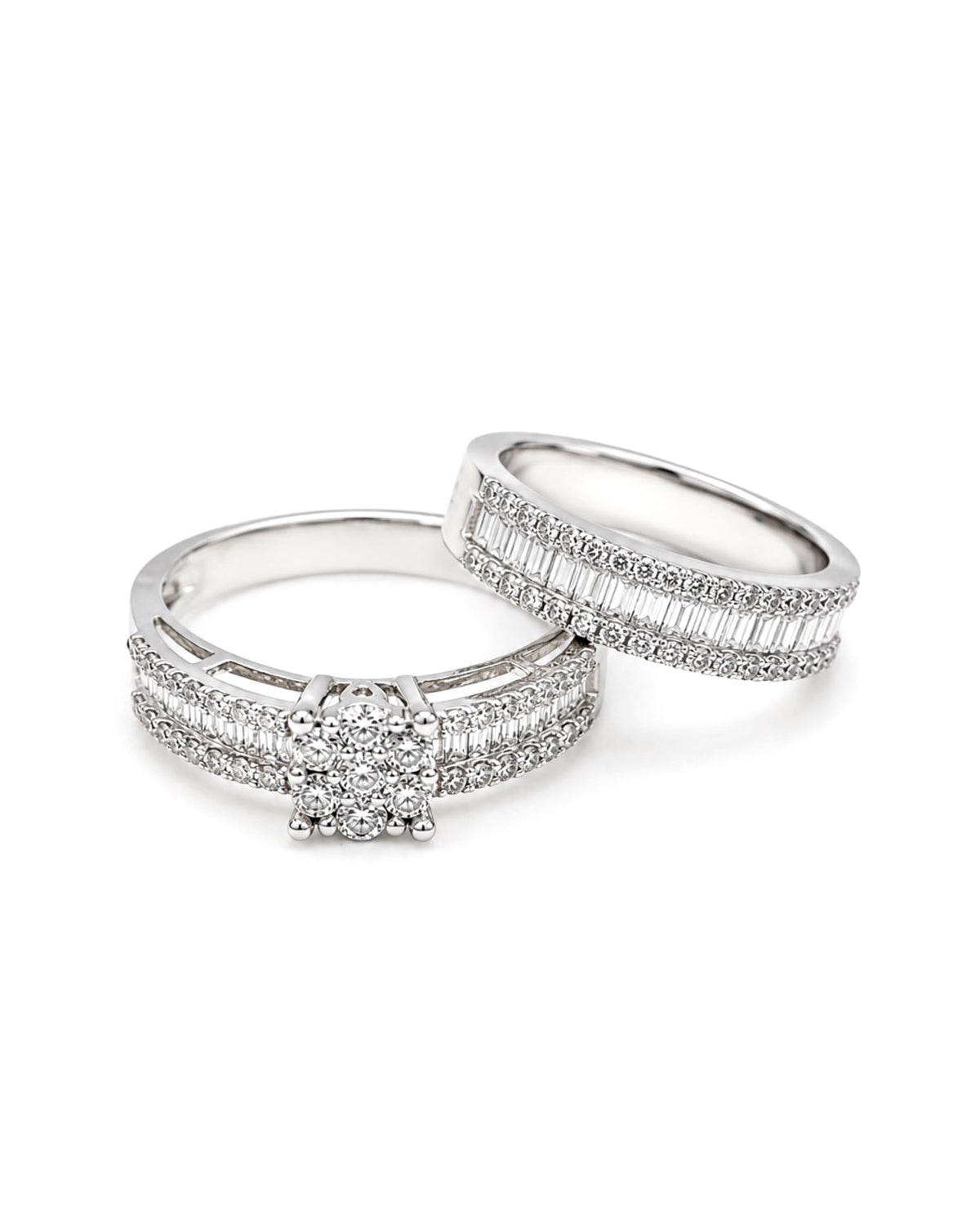 Classic 2in1 Round Baguette Half Eternity Diamond Ring 18K