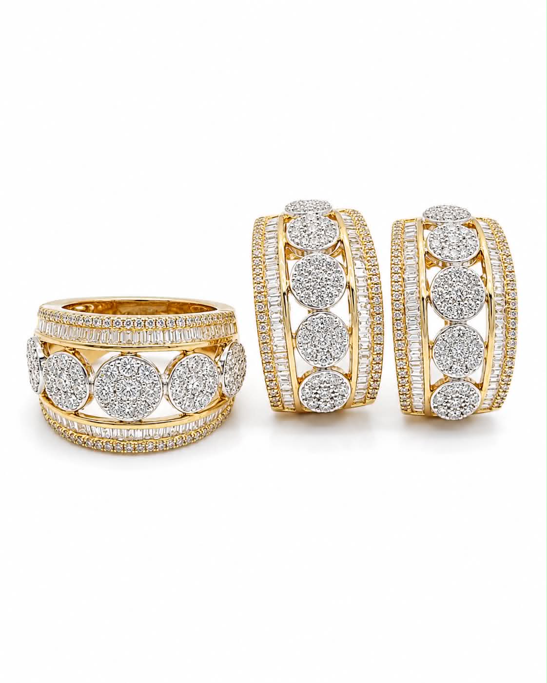 Golden Classic Round Baguette Hoop Diamond Jewelry Set 14K