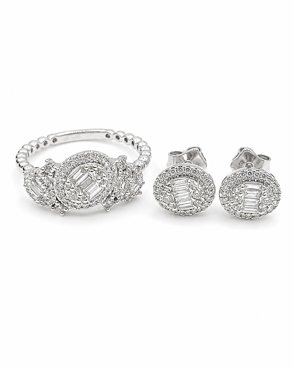 Classic Oval Halo Baguette Deco Diamond Jewelry Set 14K